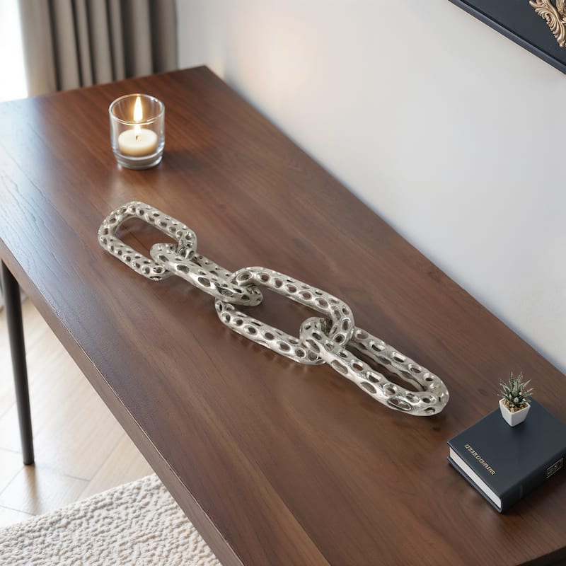 Metal Coastal Chain Sculpture with Textured Links and Openwork Design - 25" x 4" x 1"