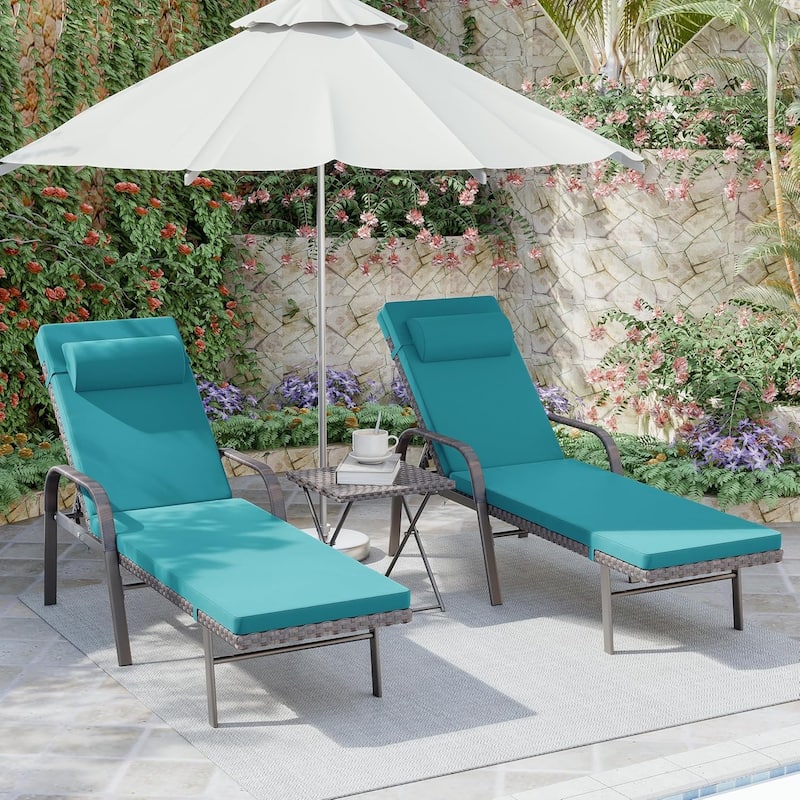 3-Piece Outdoor Wicker Chaise Lounge with Armrests and Cushions