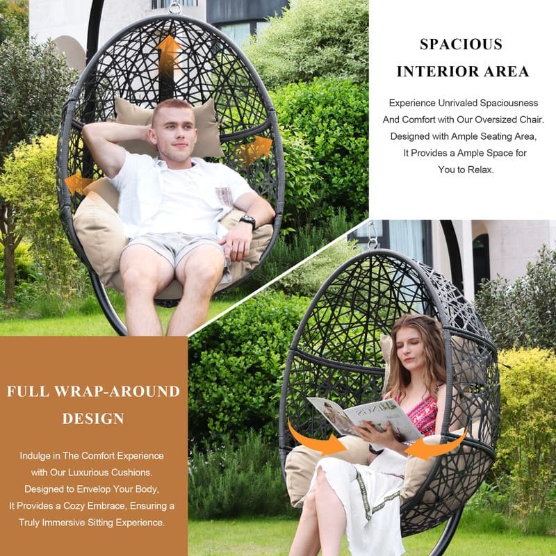Oversized Egg Chair with Stand, 450 lbs Heavy-Duty Outdoor/Indoor Wicker Hanging Basket Chair