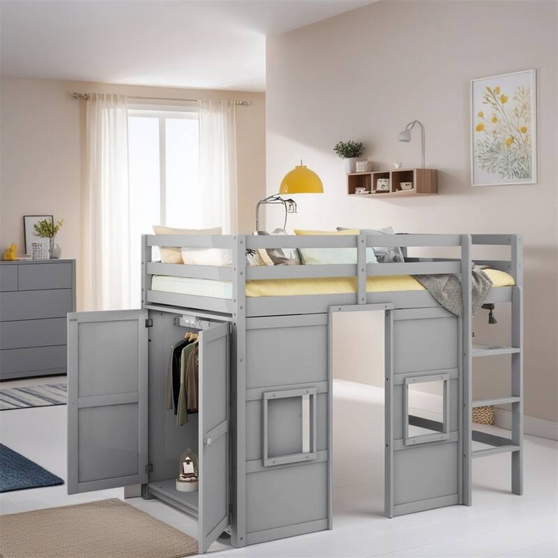 Twin Size Wood Loft Bed with Built-in Storage Wardrobe and Guardrails