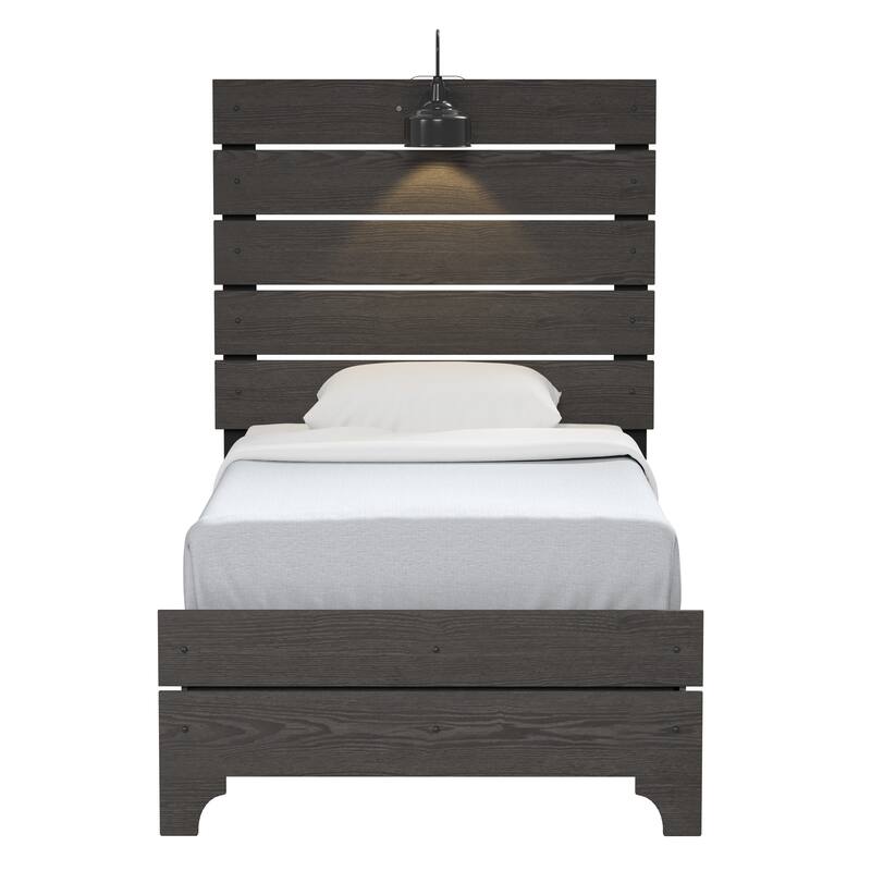 Farmhouse Queen Platform Bed in Stone Brown with Built-In LED Lighting and High Headboard, Easy Assembly