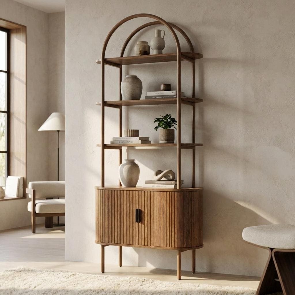 HomeRoots 71" Brown Steel and Wood Four Tier Etagere Bookcase with Two Doors
