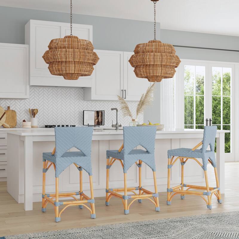Creanly 25.25"H Seat Rattan Counter Stool with Back - Baby Blue