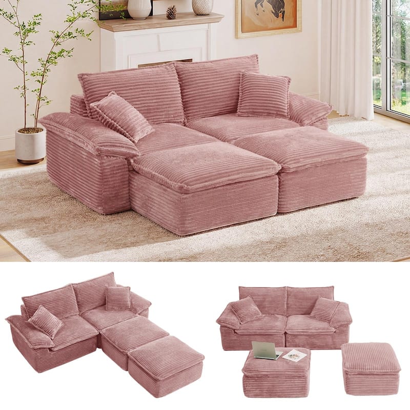 Rossetta 2-Seat Oversized Personalized Corduroy Soft Modular No Assembly Sofa with 2 Movable Ottoman - Pink