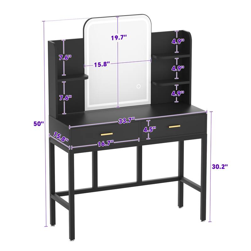 Modern Vanity Desk with LED Mirror, Makeup Table with Storage Drawers and Shelves - N/A