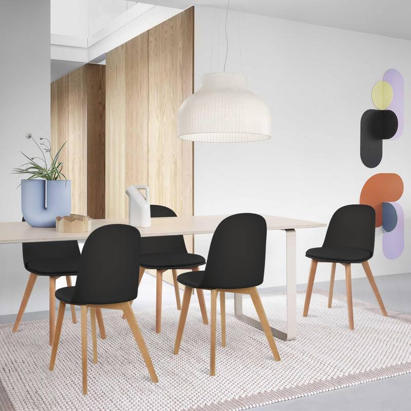 Set of 2 Plastic Dining Chairs Padded Cushion Faux Leather Wooden Legs For Kitchen Waiting Room Outdoor Party