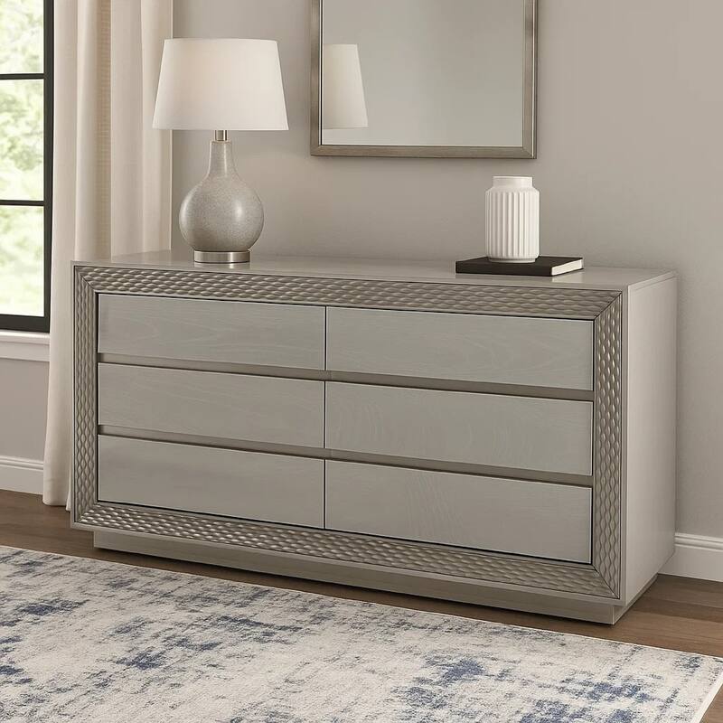 Vino 6 Drawer Wide Dresser, Gray Solid Wood, Silver Molding