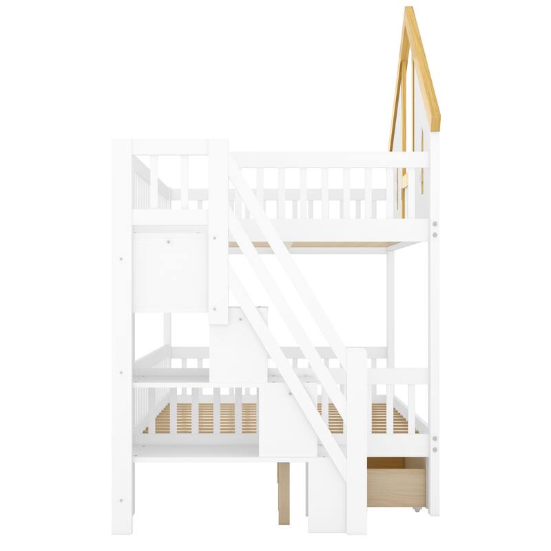Wooden House Roof Bunk Bed with Staircase Storage & Dual Drawers by Harper&Bright Designs