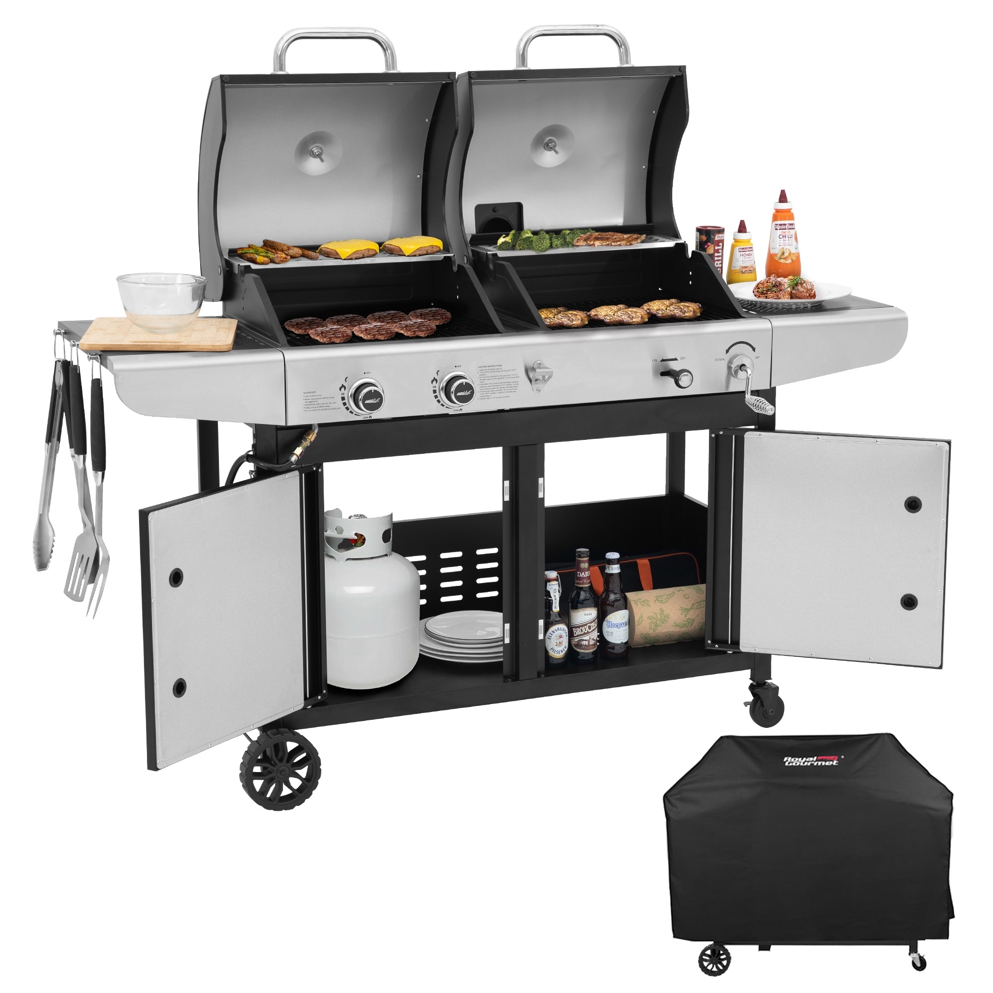 Royal Gourmet ZH3002C 2-Burner Cabinet Outdoor Propane Gas and Charcoal Combo Grill with Cover, Black