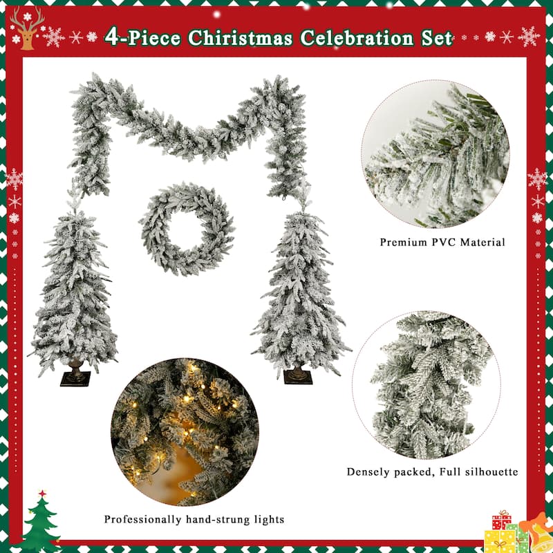 Pre-lit Christmas Artificial Tree 4-Piece Set, Garland, Wreath and Set of 2 Entrance Trees, X-mas with LED Lights, PVC