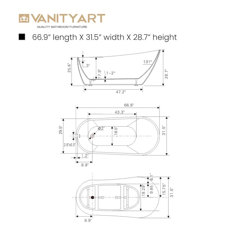 Vanity Art 67" Acrylic Freestanding Soaking Bathtub with Air Bath Option Available