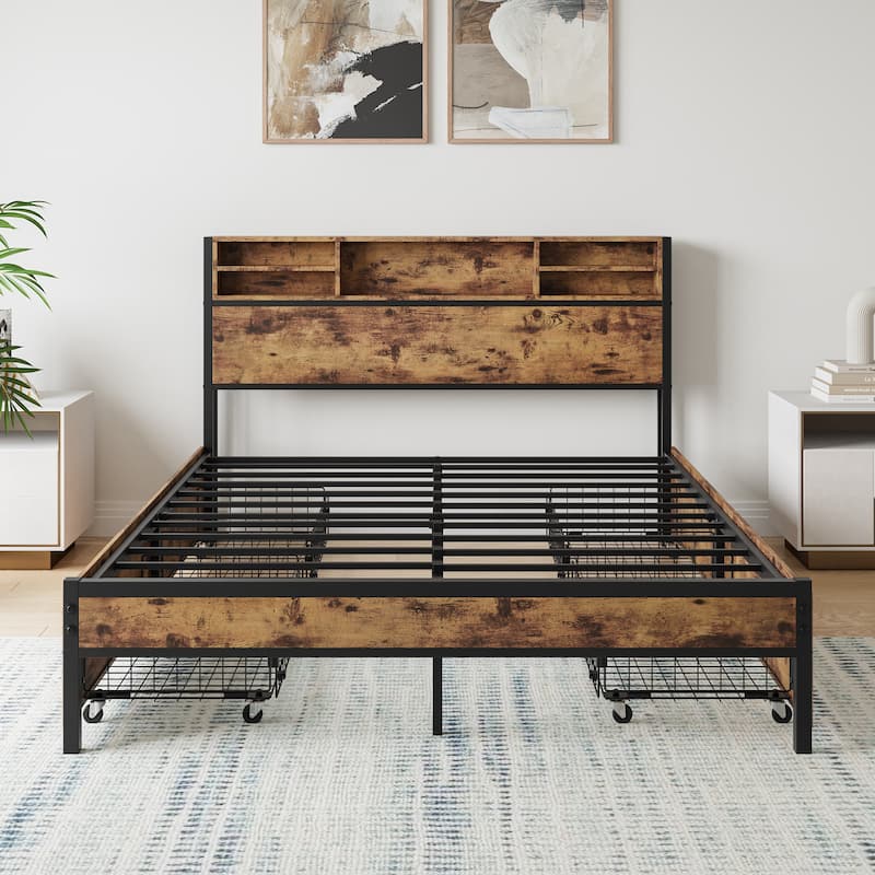 Queen Size Metal Platform Bed with Storage Drawers, Wooden Headboard, and Charging Station, Easy Assembly, Brown