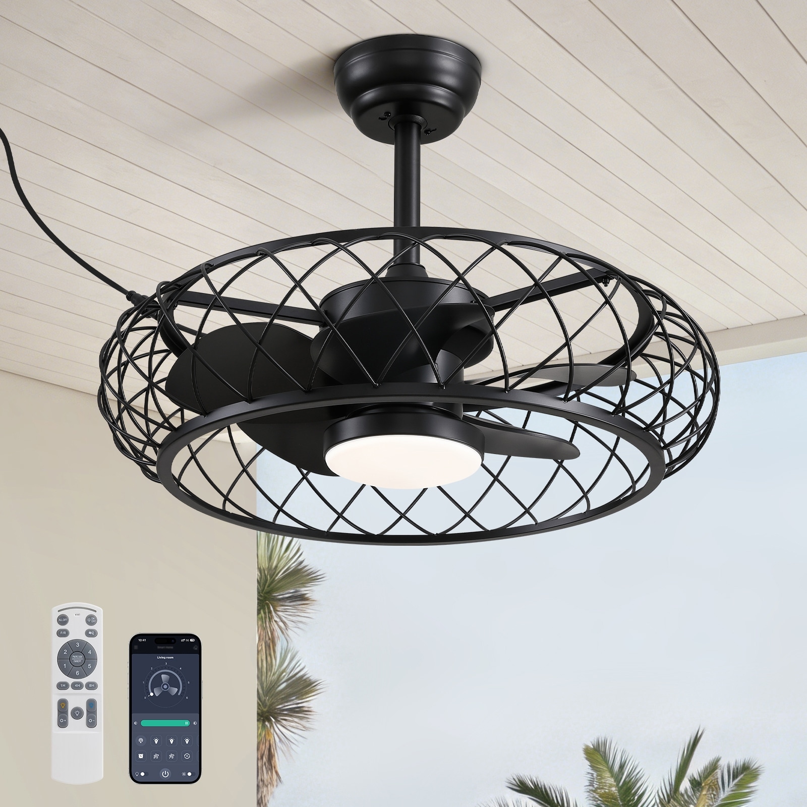 24 in. Smart Outdoor Black Cage Plug-in Chandelier Ceiling Fan with Dimmable LED Lights - 24 inch