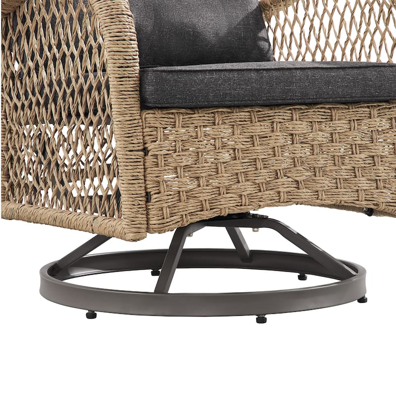 Corvus Helicon 3-Piece Outdoor Wicker Swivel Chat Set with Cushions and Glass Side Table