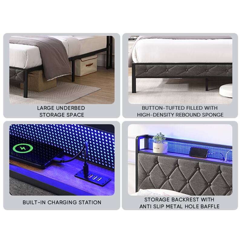 Upholstered Platform Bed with Heavy Metal Slats