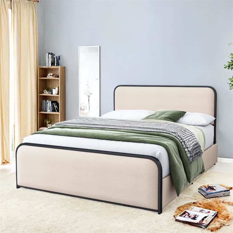 Modern Queen Size Metal Bed Frame with Curved Upholstered Headboard