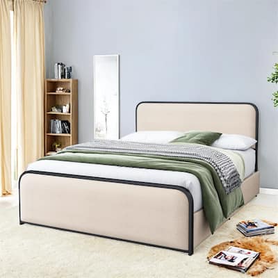 Modern Queen Size Metal Bed Frame with Curved Upholstered Headboard