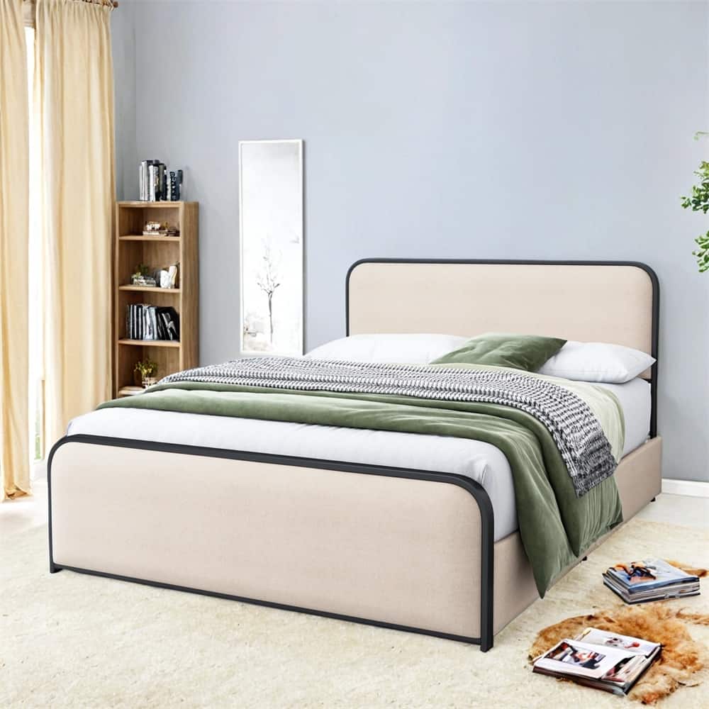 Modern Queen Size Metal Bed Frame with Curved Upholstered Headboard