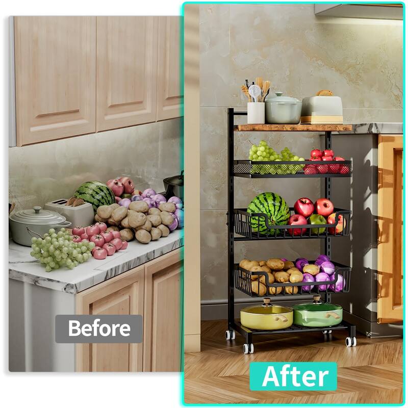 5 Tier Fruit Basket Kitchen Storage Cart, Adjustable Fruit and Vegetable Basket, Wooden Top Table Fruit Rack