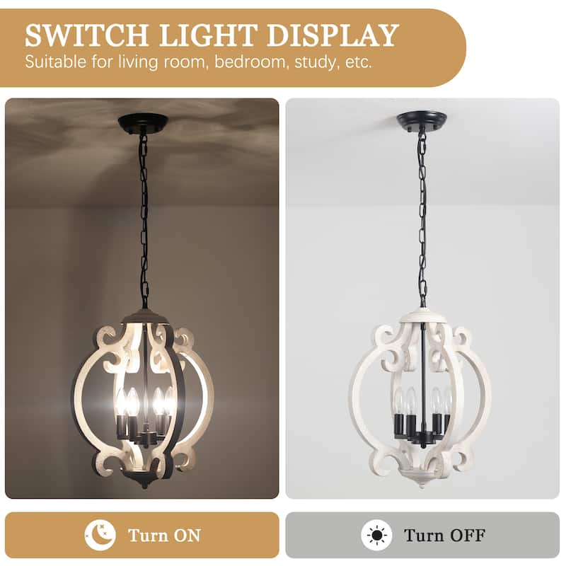 4-Light Antique Wood French Country Chandelier Vintage Pendant for Dining Room