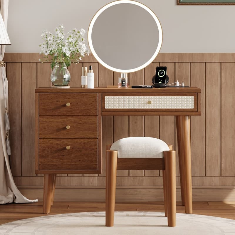 Classic Wooden Makeup Vanity Set with Stool, Dressing Table with 4 Storage Drawers, Walnut