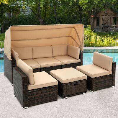 Beige Rattan Sofa Set with Steel Frame and Roof