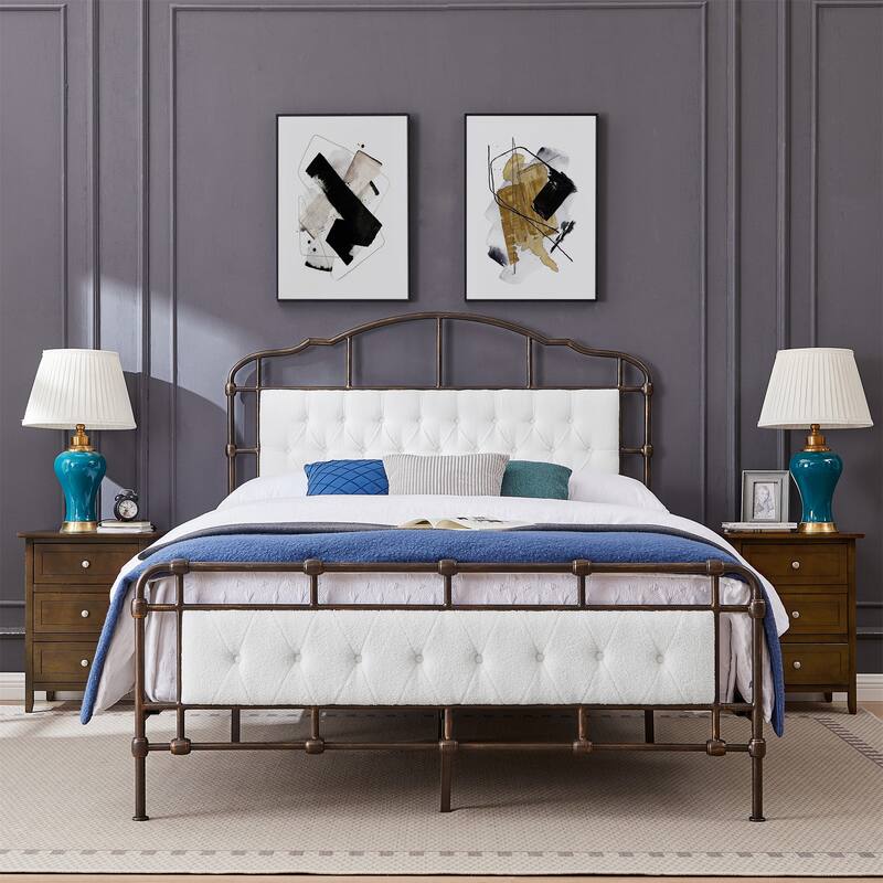 Queen Size Metal Bed with Soft Headboard - White