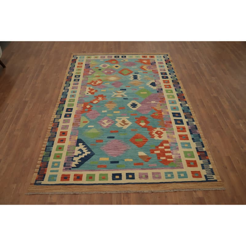 Hand Woven Oriental 100% Wool Carpet Southwestern Modern Navy Blue & Blues Kilim Area Rug - 9' 2'' X 6' 0''