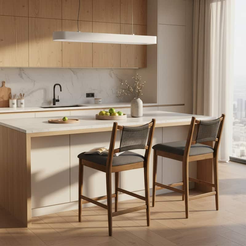 Christopher Knight Home - Arno Mid-Century Modern Upholstered Counter Stool with Rope Back and Solid Wood Frame Set - 21"W