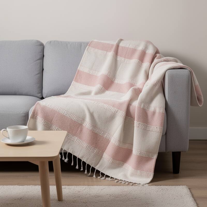 HomeRoots 50" X 60" Beige And Pink Cotton Woven Striped Throw Blanket with Fringe - Throw - Beige/Pink