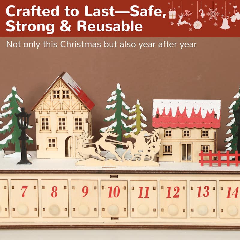 HOMCOM Christmas Calendar with 24 Drawers, Reusable Lighted Wood-Effect Countdown to Christmas Calendar with Village Scene