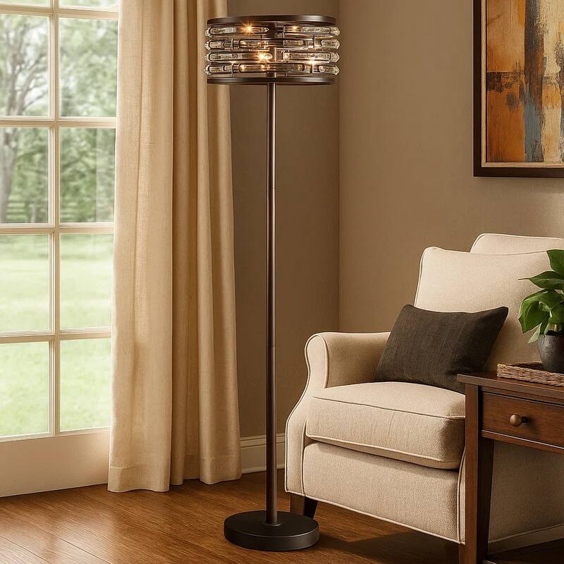 60 Inch Floor Lamp with Crystal Drum Shade, Metal Base, Antique Bronze.