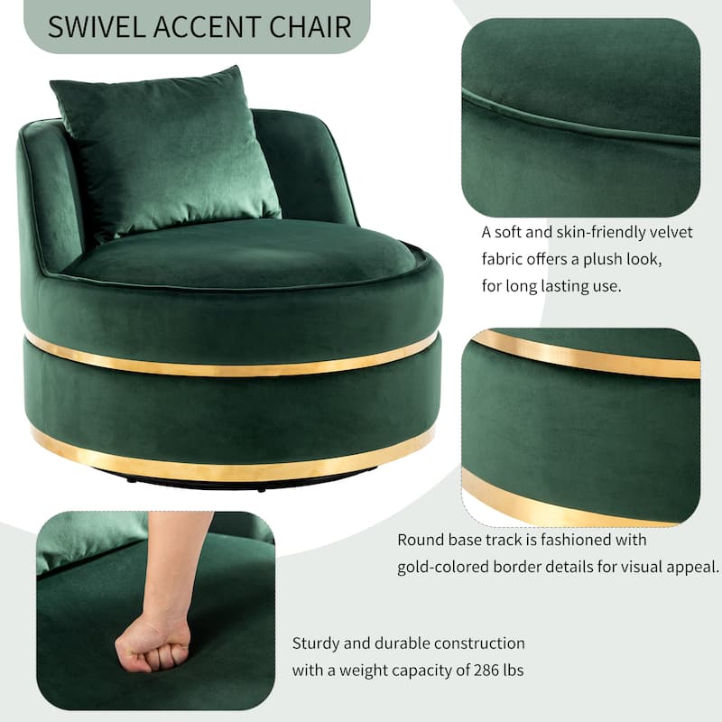 Swivel Accent Chair, Indoor Armchair with Pillow, Modern Velvet Upholstered Barrel Chair with Backrest for Living Room