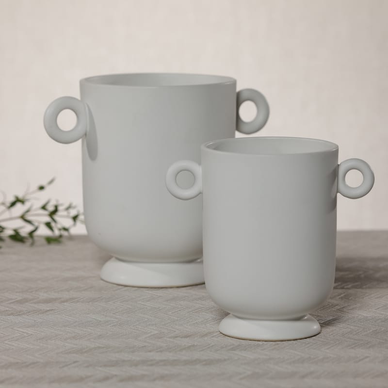 White Ceramic Planter Vase with Decorative Loop Handles
