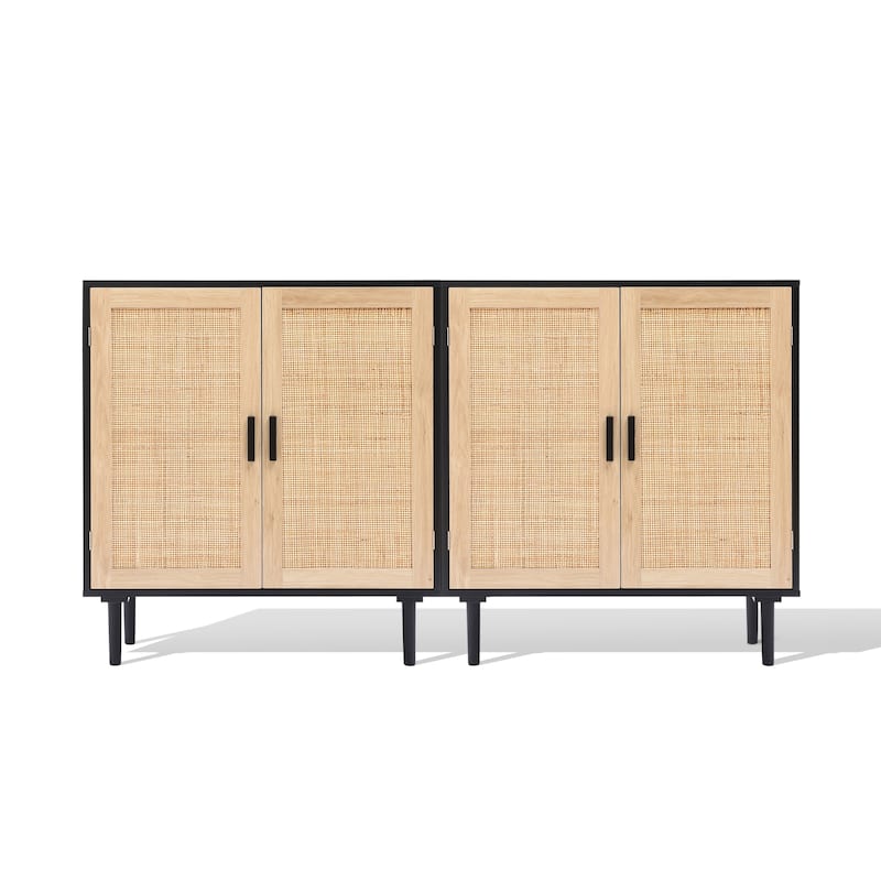 Black and Brown Wood 31.5" Wide Sideboard Cabinet with Wood-Woven Doors (Set of 2)