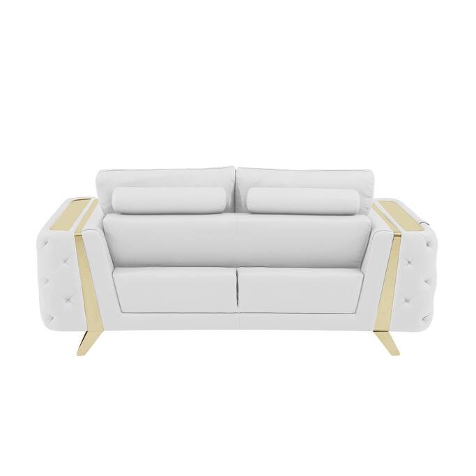HomeRoots 72" White And Gold Genuine Leather Loveseat