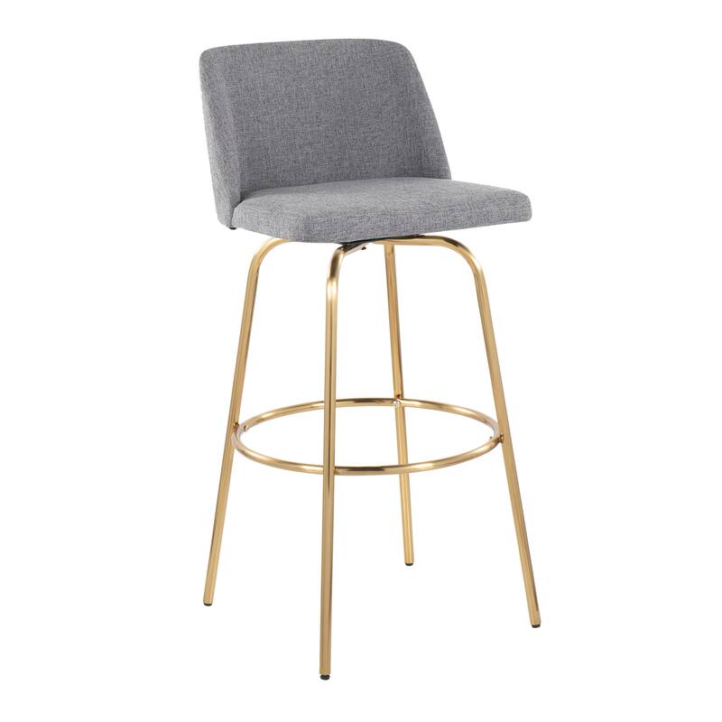 Silver Orchid Vallberga 30" Fixed-Height Bar Stool with Metal Base & Round Gold Footrest (Set of 2) - Grey Fabric/Gold Metal Base