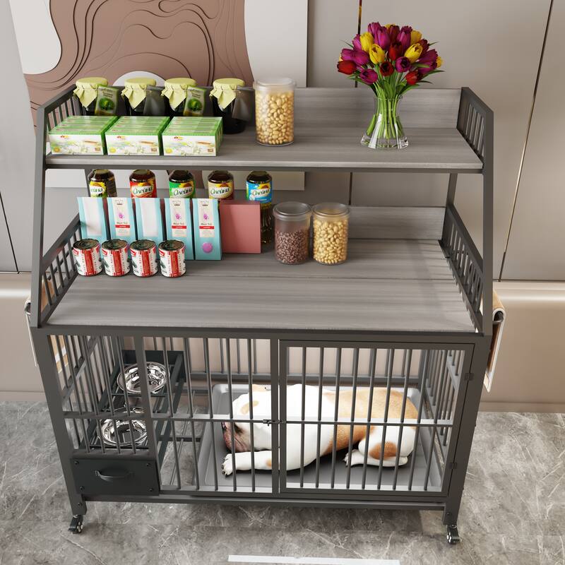 Large Pet Cage with Storage Rack, Drawers with Food and Water Basins, Double-Layer Storage Rack, Iron Frame and MDF Material