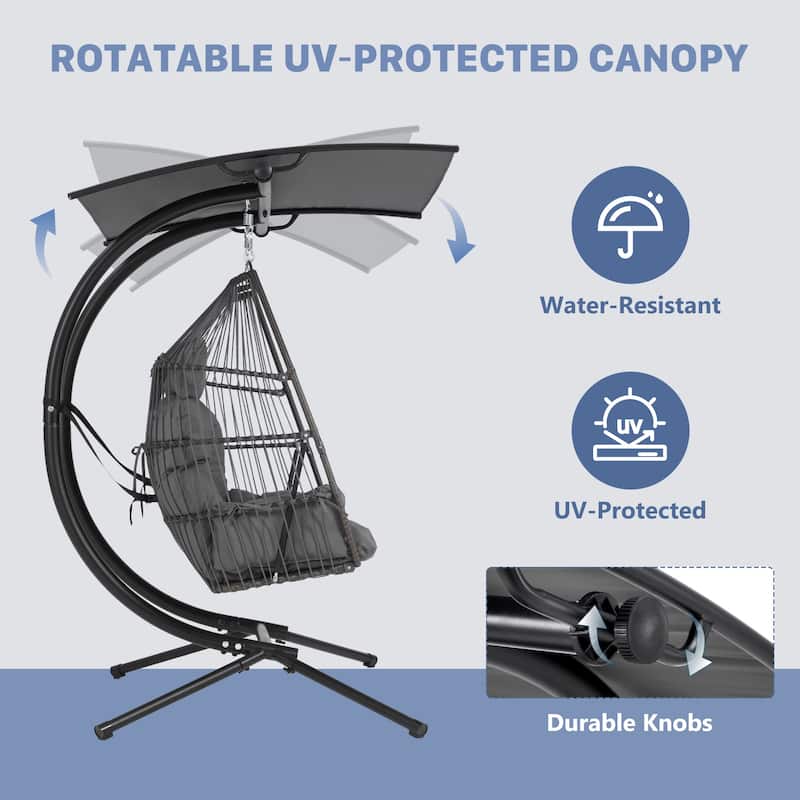 Double Hanging Egg Chair with Adjustable Canopy - Outdoor Swing Chair with Stand, Cushions & Pillows - Wicker Rattan Hammock.