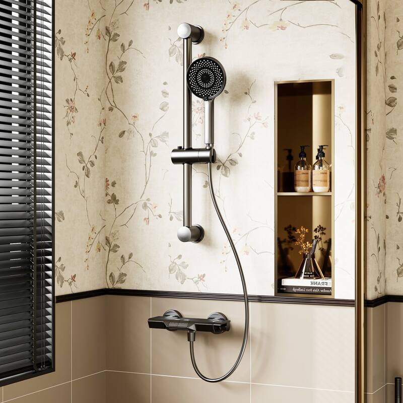 Gunmetal Thermostatic Shower System with Adjustable Slide Bar, CEC Certified Space Aluminum Shower Faucet Set