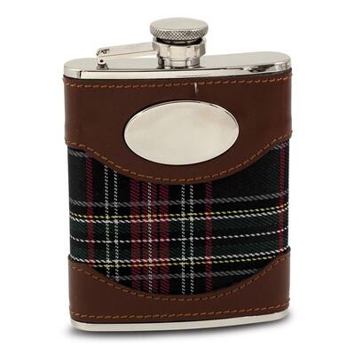 Curata Stainless Steel Blue Fabric and Brown Leather Covered 6 Ounce Flask with Oval Engraving Area
