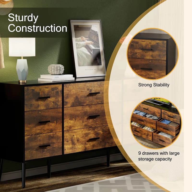 61" Wide 9-Drawer Dresser Rustic Brown Bedroom Chest of Drawers