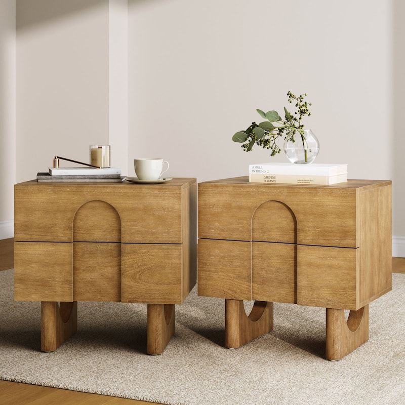 Jett Mid Century Modern Nightstand, Wooden Bedside Table with Drawers and Arched Door Cutout