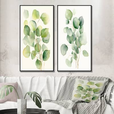 Designart "White Green Minimalism Eucalyptus Essence" Floral Framed Wall Art Set Of 2 - White For Living Room Decor