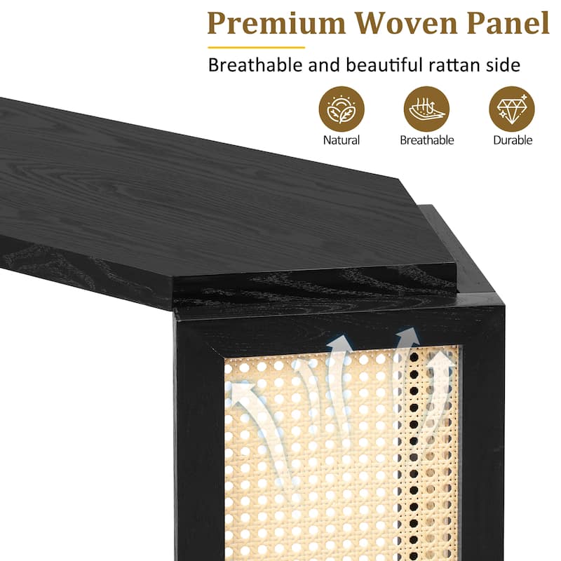 Arrow-Shaped Design Narrow Entryway Console Table with Open Shelf, Woven Rattan Accent Table Sofa Table for Living Room Hallway