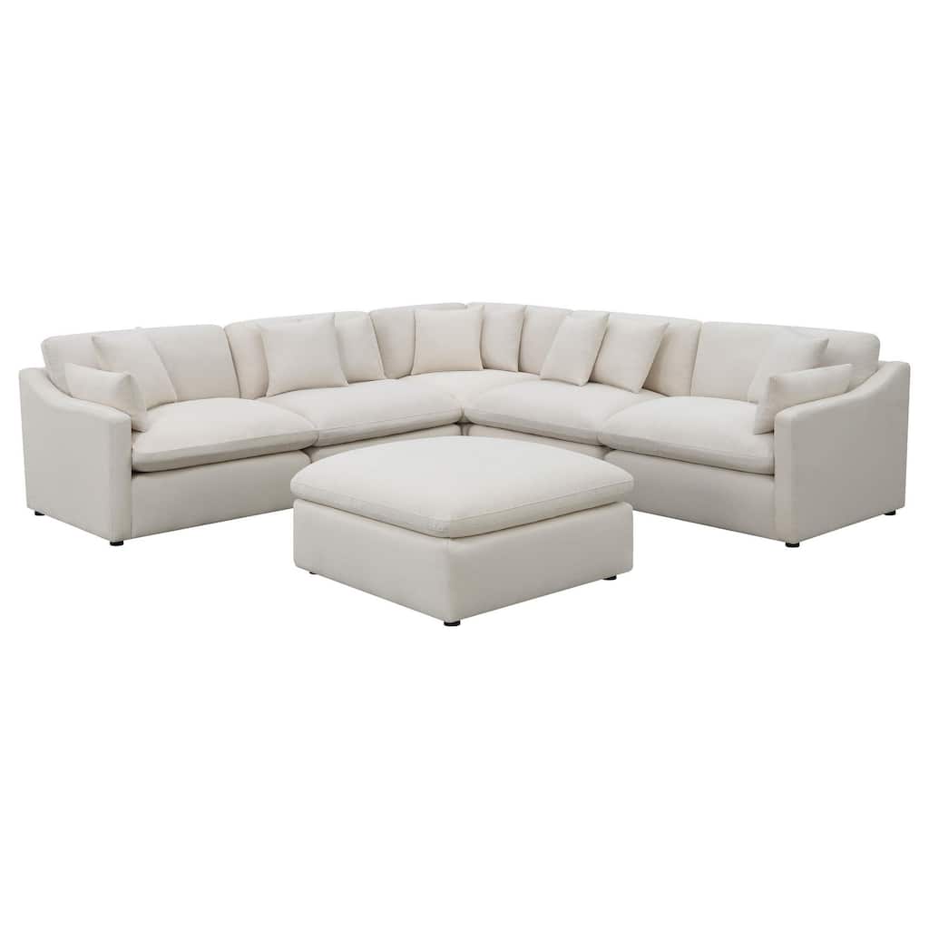 Hobo 6pc Modular Sectional Sofa, Ivory Fabric, 10 Pillows, 120 Inch