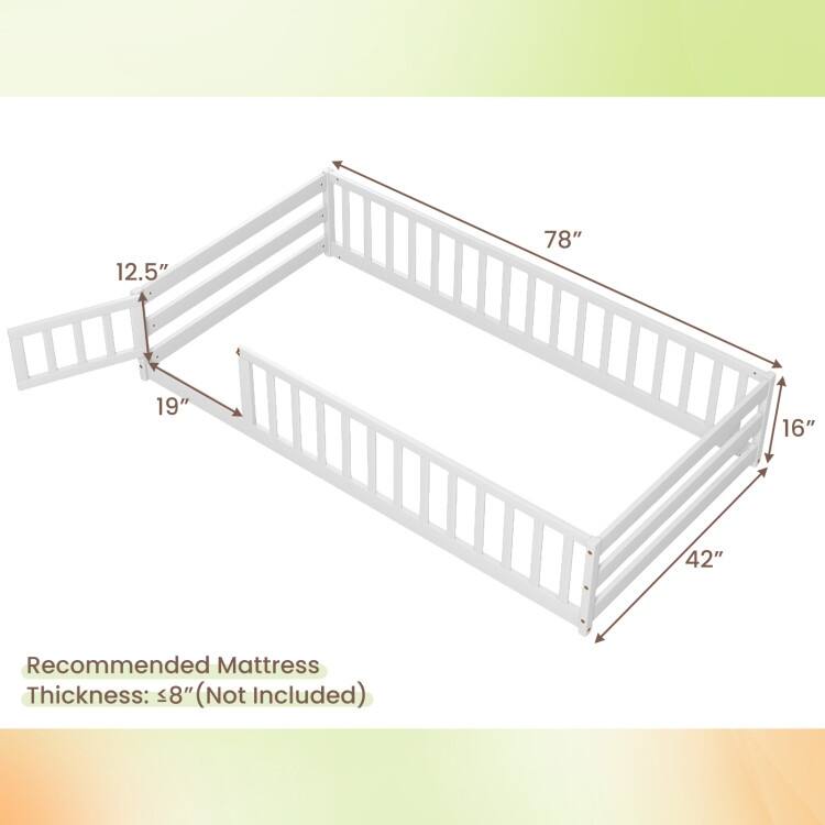 Twin Size Kids Wood Montessori Floor Bed with Door and Fence