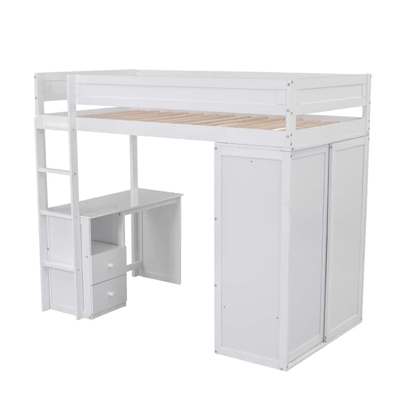Pine Loft Bed with Wardrobes and Desk