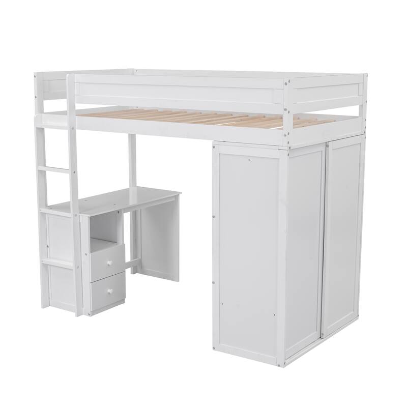Wood Twin Size Loft Bed with Wardrobe, Desk, and Drawers, Space-Saving Design