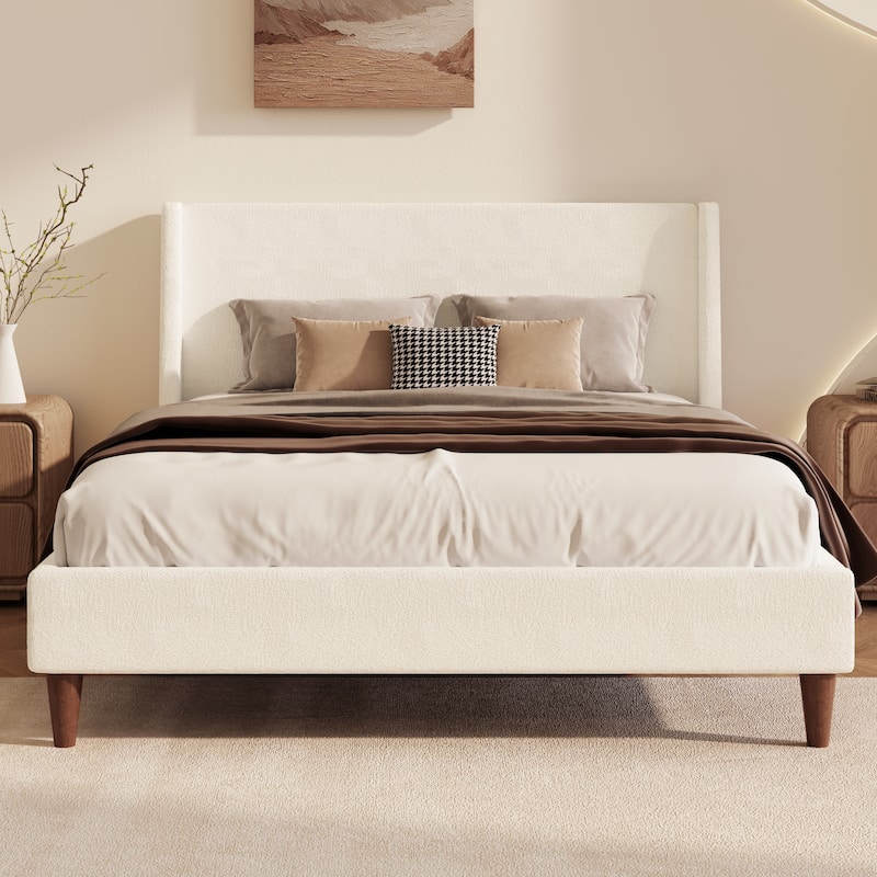 Upholstered Platform Bed with Wingback Headboard and Round Wooden Legs, Skin-friendly Upholstered Low-Profile Bed Frame - Ivory-Boucle - Queen